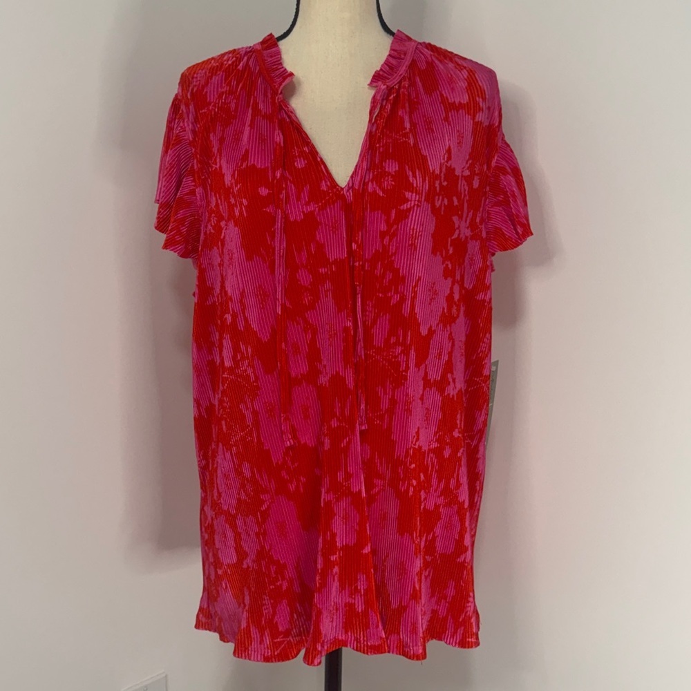 Absolutely Famous Red and Pink Floral Blouse.  Sz 2X
